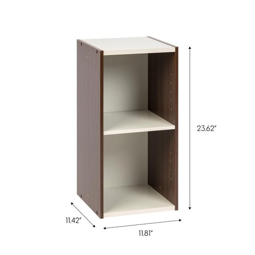 IRIS USA, Inc. 2-Tier Cubby Storage Bookshelf with Adjustable Shelves, 12" Width Stackable Easy Assembly Space Saving Shelving Unit Bookcase, Walnut Brown/White
