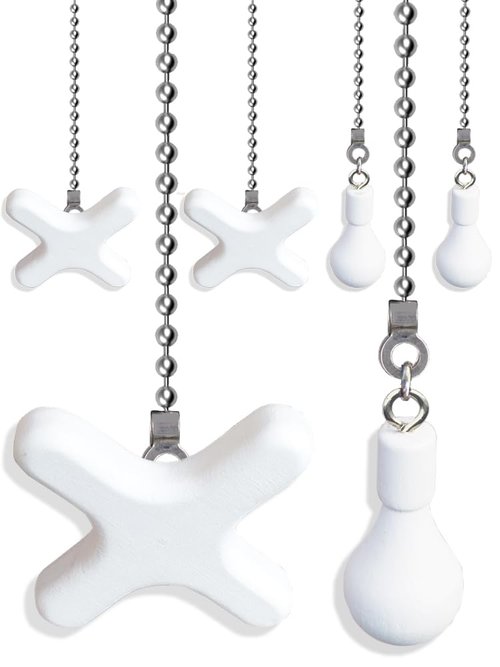 Aeknewo 6 Pack Ceiling Fan Pull Chains, 12-inch Beaded Ball Extension Chains with White Wooden Decorative Pendant for Ceiling Light Lamp Fan Chain (Silver)