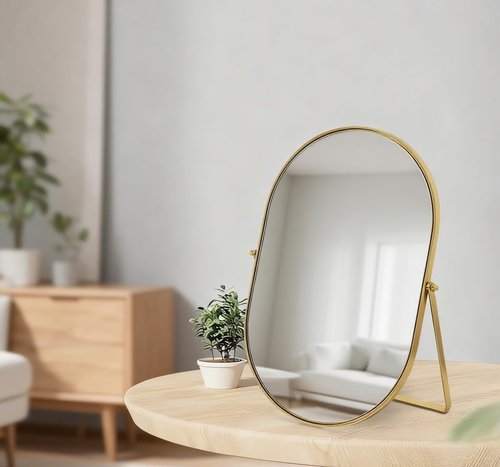 Feyarl Desk Vanity Mirror Gold Oval 12x8 Inch Tabletop Makeup Mirror Decorative Standing Cosmetic Table Mirror for Bedroom Bathroom Desk Dresser