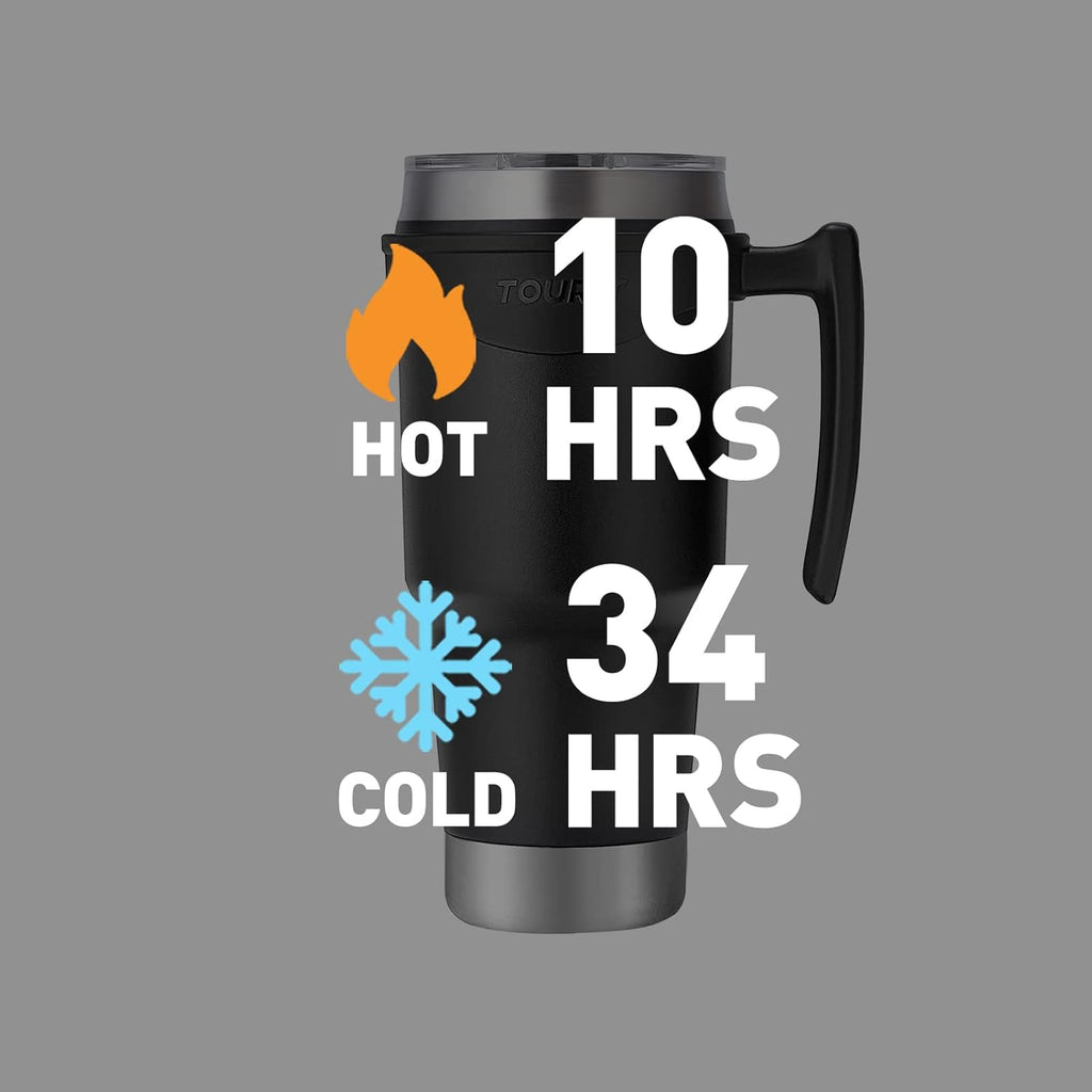 TOURIT 40 oz Insulated Tumbler - Handle & Straw | Keeps Drinks Cold for 34H or Hot for 10H - Black