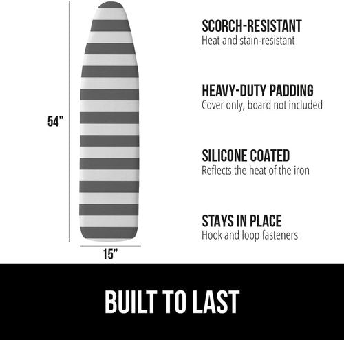 GORILLA GRIP The Original Ironing Board Cover and Pad, Silicone Coating, 400°F Scorch Resistant Thick Padding, Heavy Duty Iron Covers Standard Boards, Hook and Loop Fastener Strap, Striped 15x54