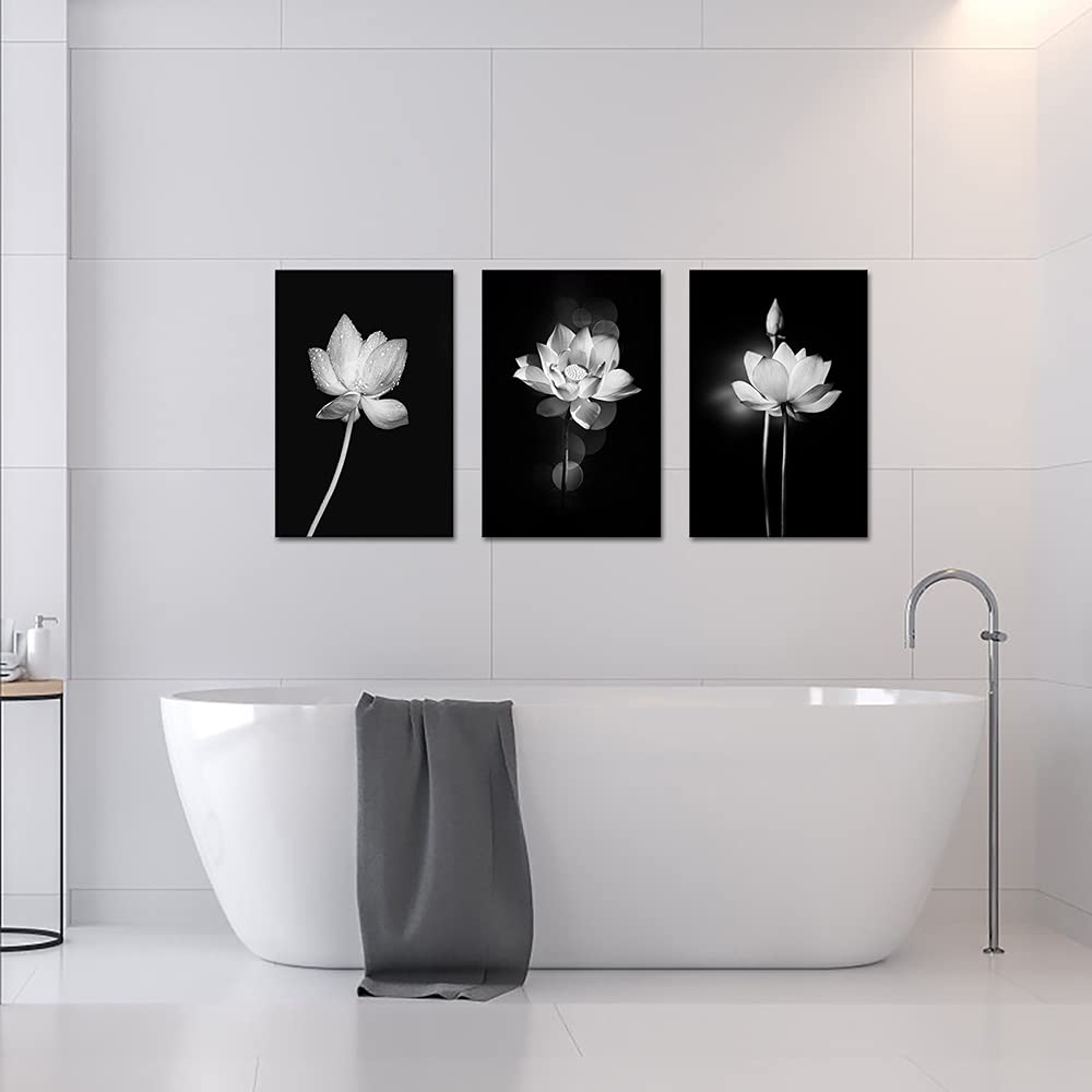 Canvbay 3 Panels Lotus Artwork Black and White Elegant Flower Canvas Wall Art Print Blooming Floral Picture Framed Water Lily Zen Painting for Home Bedroom Decor Ready to Hang 16x24inchx3pcs