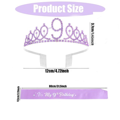 9th Birthday Decorations for Girls,Purple Headband & Glitter Sash Set for 9 Year Old Girl Birthday Decoration (Purple)