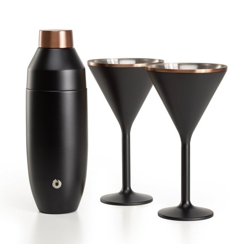 SNOWFOX’s Newport Collection, Premium Martini & Shaker Set, Vacuum Insulated 22 oz SNOWFOX Cocktail Shaker & 2 Newport Martini Glasses 8 oz Gift Box Set, Home Bar Accessories, Classic Design, Black