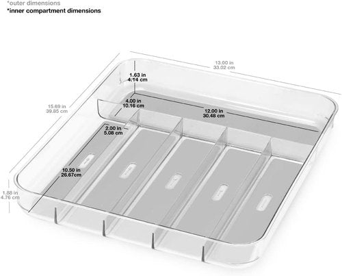 madesmart Premium Clear Silverware Tray, 6 Compartment Flatware Organizer for Forks, Knives & Spoons, Soft Grip Lining & Non Slip Base, Grey