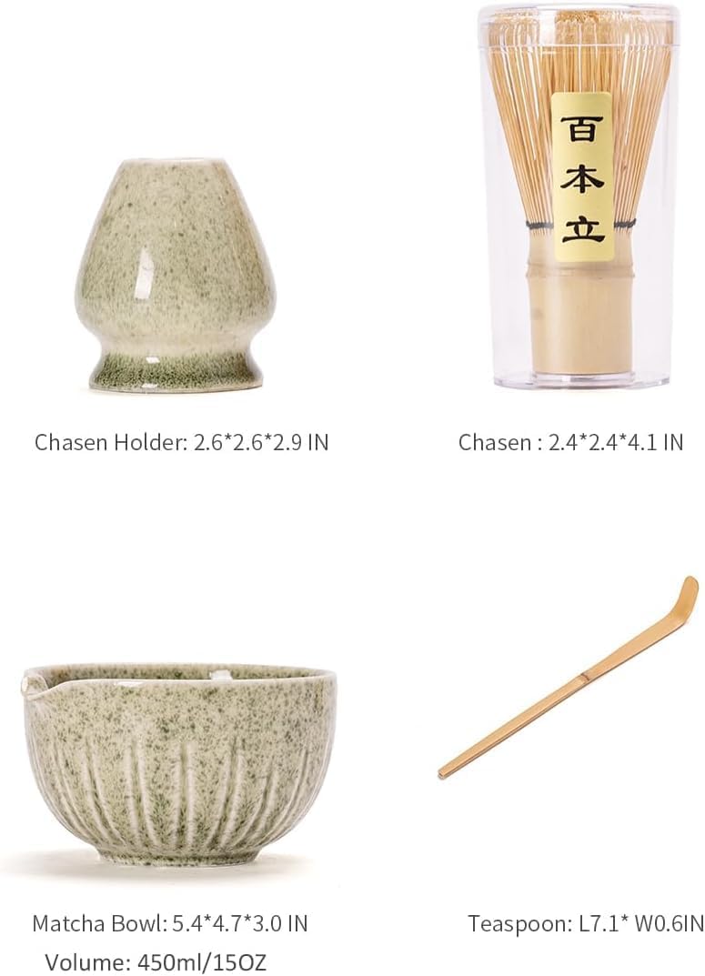 TANG PIN Matcha Set - 4pc Matcha Bowl, Whisk, Scoop & Stand | 15 OZ Mottled Green Tea Ceremony Kit