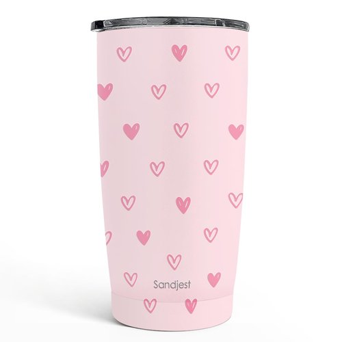 SANDJEST Heart Tumbler 20oz, Stainless Steel Travel Cup with Lid, Insulated Coffee Mug, Heart Gifts for Women Girls Friends Sisters on Birthday Christmas Valentine (Pink)