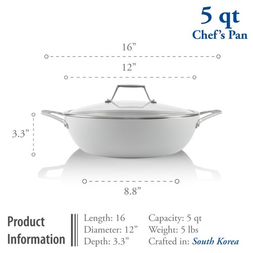 TECHEF - CeraTerra, 5 Qt / 12-in Ceramic Nonstick All Purpose Chef Pan with Cover, (PTFE and PFOA Free Ceramic Exterior & Interior), Oven & Dishwasher Safe, Made in Korea, Grey/Silver (5 Qt Chef Pan)