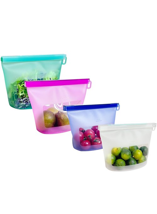 Reusable Premium Silicone Food Storage Bags 4 Pack with 2 Snack and 2 Sandwich Bags, Multi-Use & Sous Vide Stand-Up Pouches for Soup and Leftovers, Microwave, Dishwasher and Freezer Safe, BPA Free