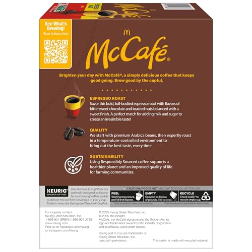 McCafe Espresso Roast Coffee, Keurig Single-Serve K-Cup Pods, 96 Count (4 Packs of 24), Dark Roast Made with Arabica Beans, Bold Flavor with Bittersweet Chocolate & Toasted Nut Notes