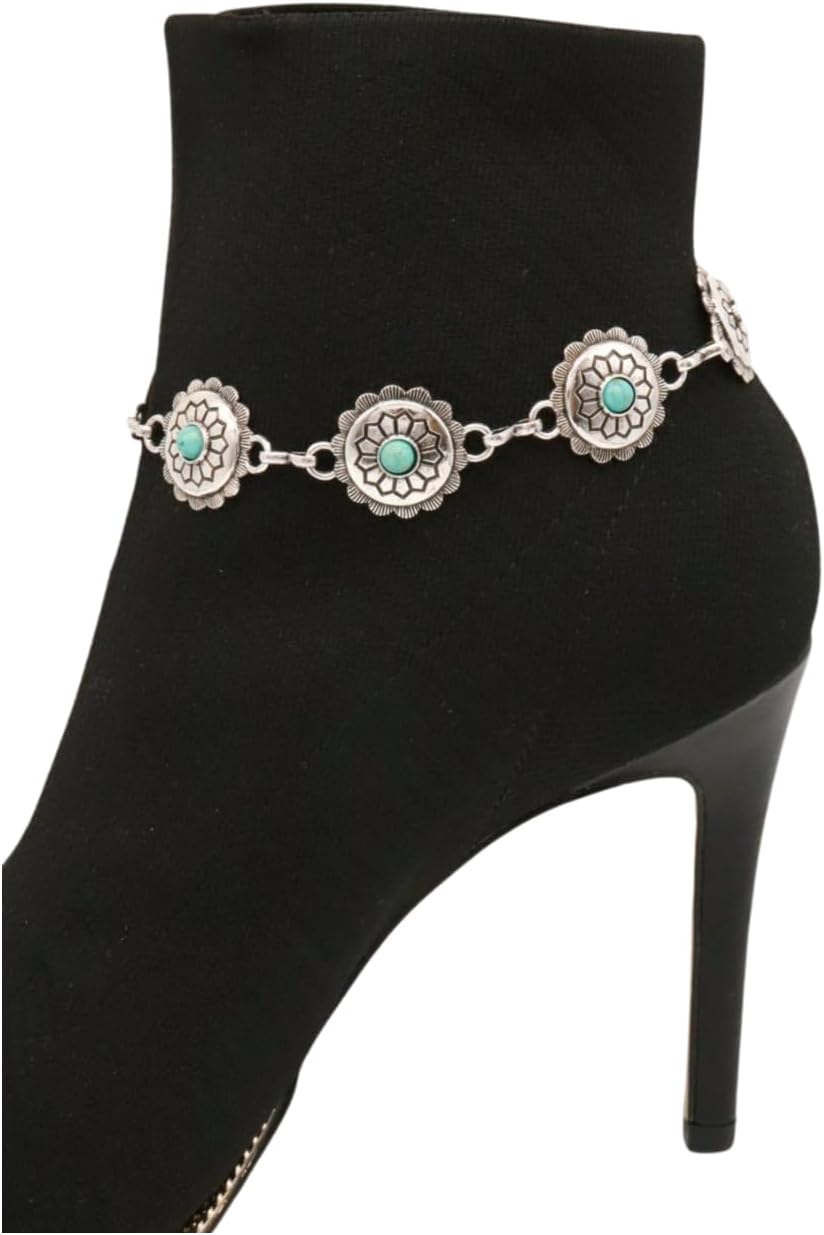TrendyFashionJewelry Women's Western Boot Bracelet - Silver Chain Anklet with Turquoise Beads & Flower Charms