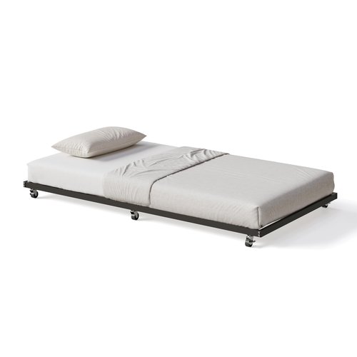 IDEALHOUSE Twin Size Metal Roll Out Trundle Bed Frame with Wheels and Slats Support, Black
