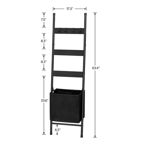 HOOBRO Blanket Ladder with Basket, 17.3”L x 63.4”H, Towel Rack with Hooks, Blanket Holder Rack, Decorative Ladder Shelf, Drying and Display Rack for Bathroom, Living Room, Black BB31CJ01