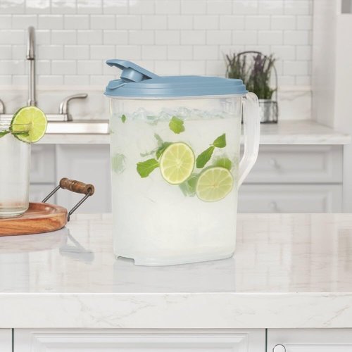 Sterilite Plastic Pitcher Water Jug Drink Dispenser Blue Atoll Lid and Tab with Clear Base and Comfort Grip Handle for Kitchen and Home, Washed Blue