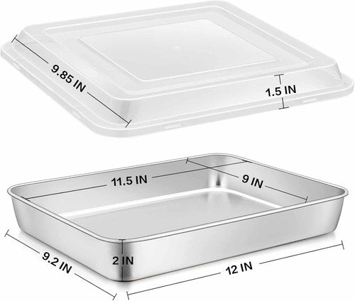 E-far Stainless Steel Baking Pan - 12⅓ x 9¾ x 2 Inch Rectangle Bakeware with Lid | Non-Toxic, Heavy Duty & Dishwasher Safe
