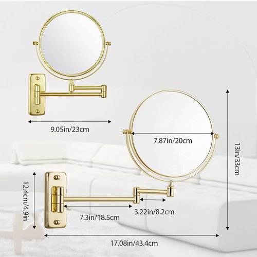 Cerdeco 8 Inch Double Sided Makeup Wall Mount Mirror with Gold Plated Finish 360 Swivel Extendable Cosmetic Shaving Mirror