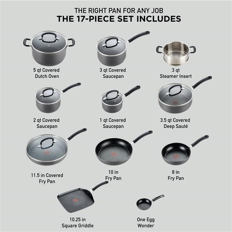 T-Fal Ultimate Nonstick Cookware Set - 17-Piece Hard Anodized Pots and Pans | Dishwasher Safe, Onyx Finish