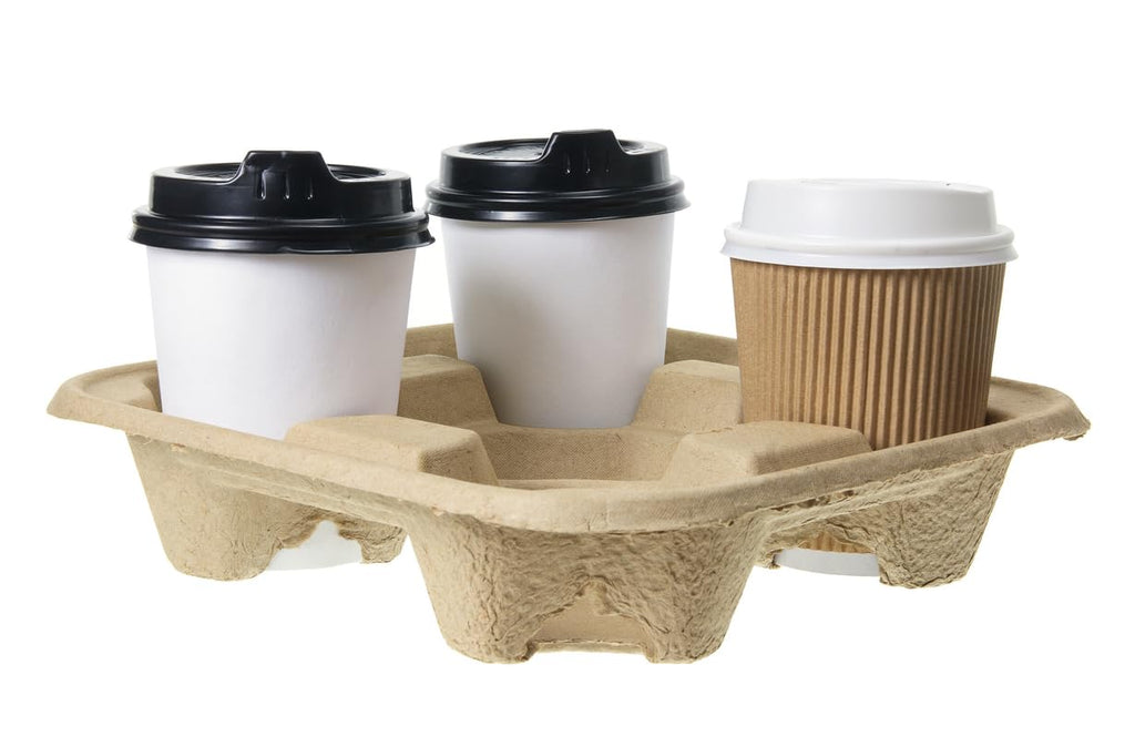 4 Cup 8 oz. - 32 oz. Drink Carriers & Paper Cup Holder (25 Pack) For Disposable Cups, Delivery Carrier- To Go - Coffee Drinks or Iced Drink Molded Fiber [25 Case Pack]