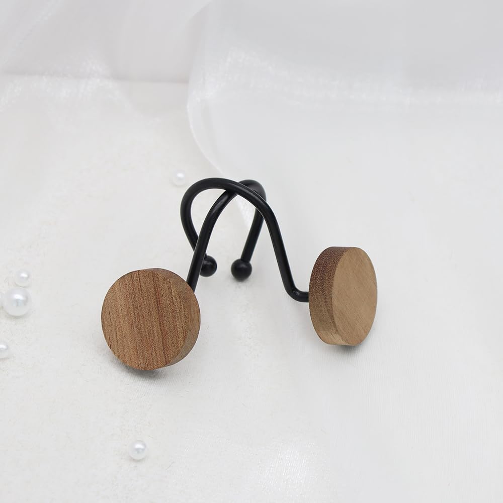 Shower Curtain Hooks, Wood Decorative Shower Curtain Rings, Modern Round Log Shower Curtain Hangers, 12PCS Metal Shower Hooks for Shower Curtain Rod, Bathroom, Bedroom, Living Room (Black)