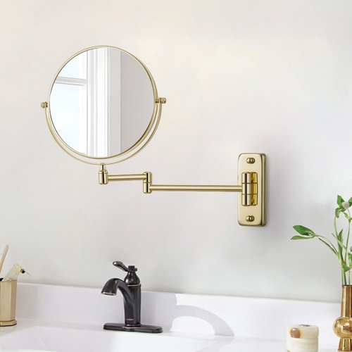 Cerdeco 8 Inch Double Sided Makeup Wall Mount Mirror with Gold Plated Finish 360 Swivel Extendable Cosmetic Shaving Mirror