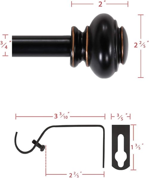 H.VERSAILTEX Curtain Rods for Windows 16.2 to 43.8 Inches 3/4 inch Diameter Adjustable Decorative Telescoping Curtain Rod with Brackets Heavy Duty Splicing Window Rods with Classic Finials, Black