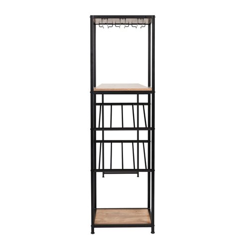 Flash Furniture Jura Metal Bar and Wine Table with Bottle and Stemware Storage, 2 Slanted Bottle Shelves, 3 Stemware Hangers, Waterproof Table Top, Black/Light Brown
