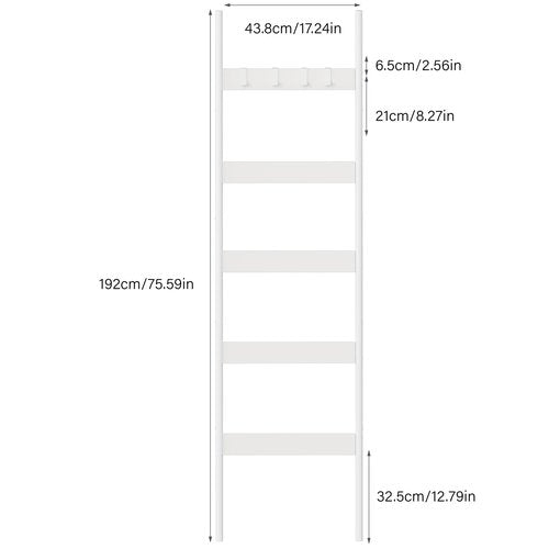 Blanket Ladder, 5-Tier Towel Holder with 4 Removable Hooks, Farmhouse Wall Leaning Decorative Rack Shelf, Wooden Towel Display Rack, Quilt Ladder for Living Room, Bedroom, White