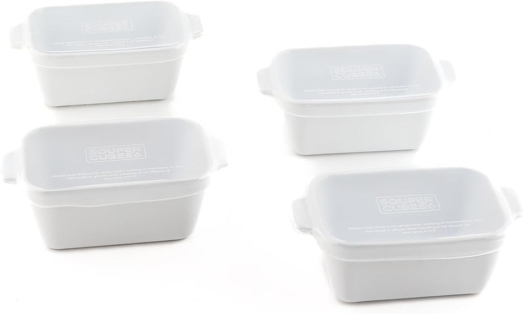 Souper Cubes | Premium Stoneware Baking Dishes - 5" x 3" Mini Ceramic Set of 4 with Silicone Covers - Made in USA