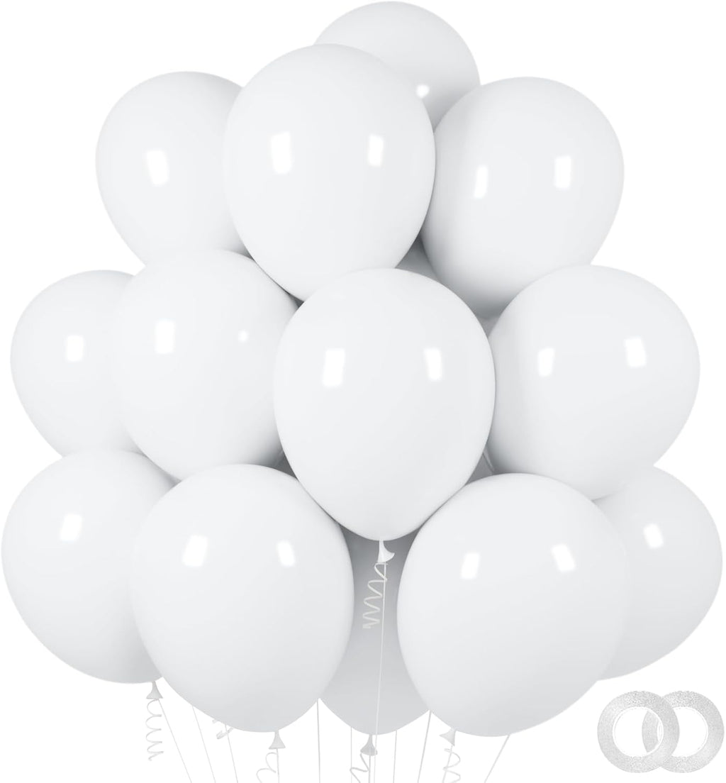 ASIYUHY White Balloons - 100 Pack 12 Inch Latex Balloons with 2 Rolls of Ribbon for Parties & Events