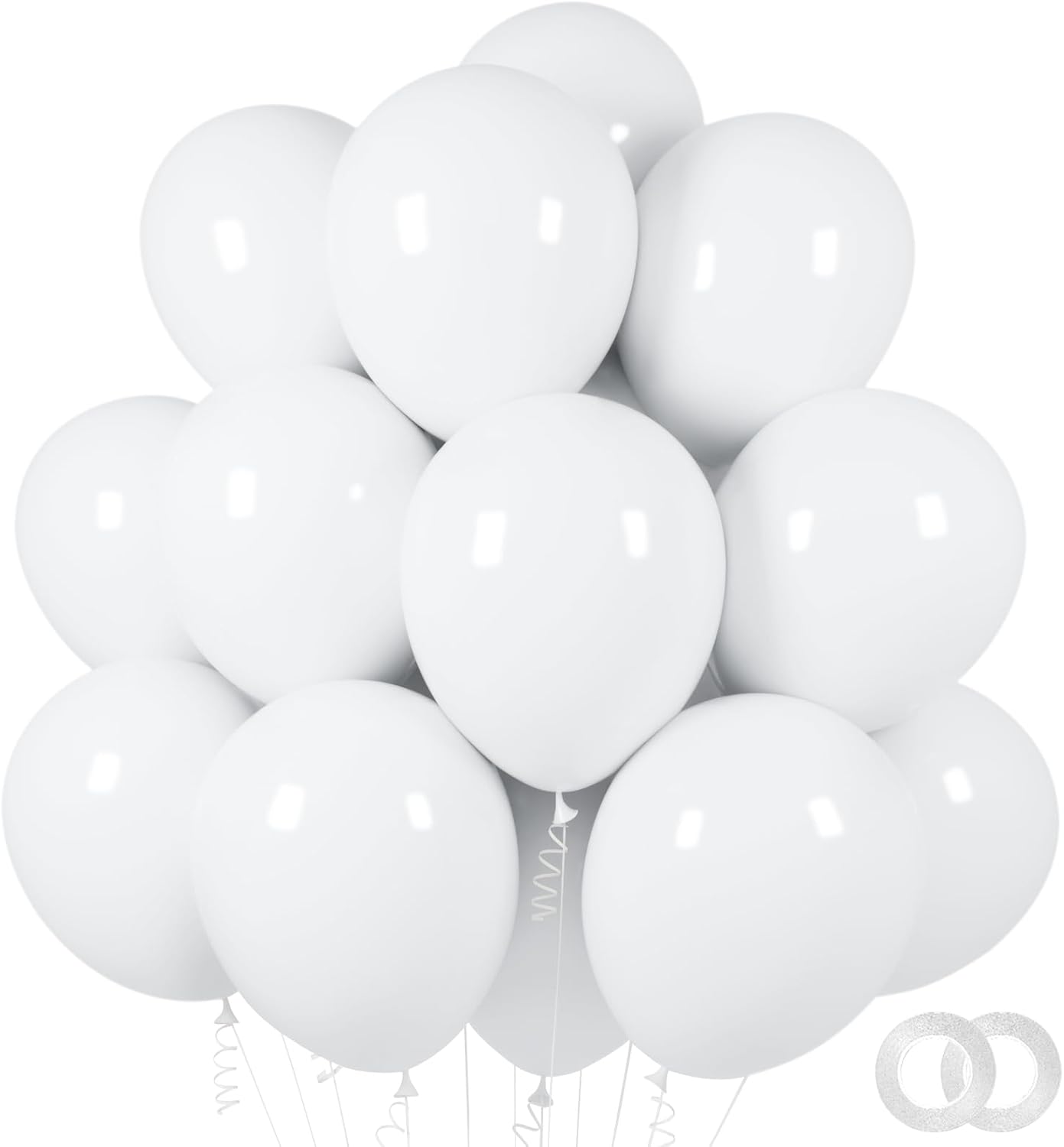 ASIYUHY White Balloons - 100 Pack 12 Inch Latex Balloons with 2 Rolls of Ribbon for Parties & Events