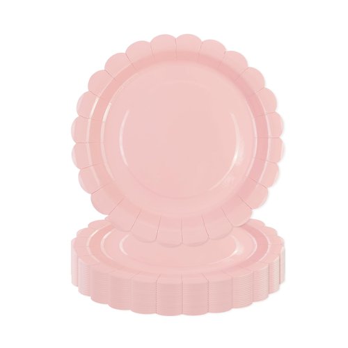 Xjoviative 50 Pcs Pink Paper Plates 7 Inch, Scalloped Paper Plates Disposable Cake Dessert Dinner Plate for Birthday Baby Shower Wedding Party Decorative Supplies (Pink, 7 INCH)