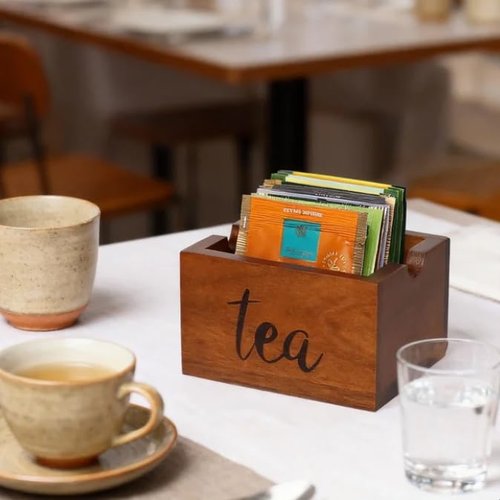 Acacia Sugar Packet Caddy for Coffee Bar, Farmhouse Wood Sugar Holder Packets , Sugar Packet Container, Small Tea Bag Organizer for Office Table,Hotel, Restaurant, Brown Labeled "Tea"