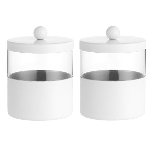 Gaussra White Apothecary Jars, White Qtip Holder - Stainless Steel Bathroom Jar with Stickers - Farmhouse Decor Qtip Dispenser for Qtips, Cotton Balls, Swabs, Makeup Sponges (2-Pack)