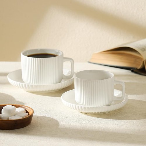 AYUCIA 8 Ounce Cappuccino Cups Set of 4, Latte Mugs with Saucers and Spoons, White Cream Ceramic Coffee Mugs Tea Cups for Cappuccino Latte Mocha Au Lait Macchiato Cafe