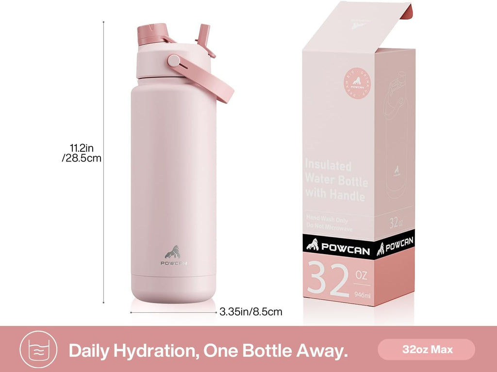 POWCAN 32 oz Insulated Water Bottle - 2-in-1 Straw & Spout Lid, Leak-Proof, BPA-Free, Perfect for Sports & Travel (Bow Crush)