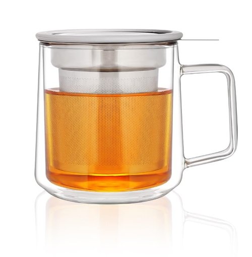 CNGLASS 12oz Double Walled Glass Tea Cup with Stainless Steel Infuser and Lid,Borosilicate Glass Tea Infuser Mug for Loose Tea,Teabag,Set of 1