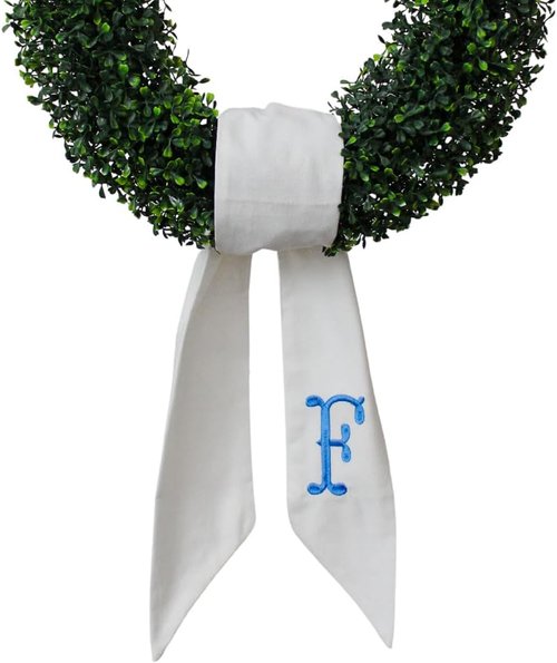 Monogram Wreath Sash by [Brand Name] - White Embroidered Linen Decor for Front Door | Perfect for Weddings & Xmas Parties