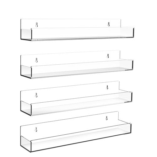 SOVQUEST Clear Acrylic Floating Shelves Wall Mounted 15 Inch Invisible Kids Bookshelf Figurine Display Shelf Spice Rack for Office Bathroom Kitchen (4 Pack)