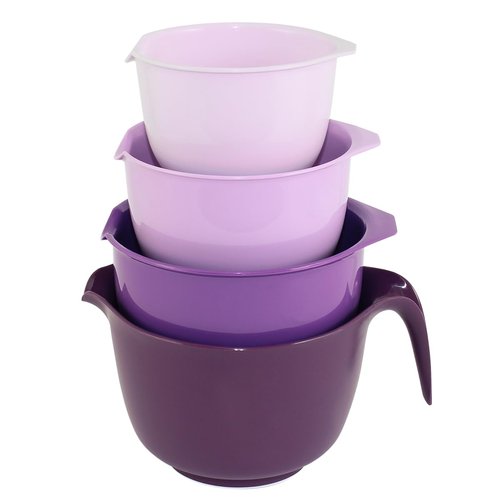 Glad Mixing Bowls with Pour Spout, Set of 4 - Nesting Plastic Bowls (1.2qt, 1.9qt, 2.8qt, and 3qt with Handle) - Non Slip Base, Dishwasher Safe Kitchen Cooking and Baking Supplies, Purple