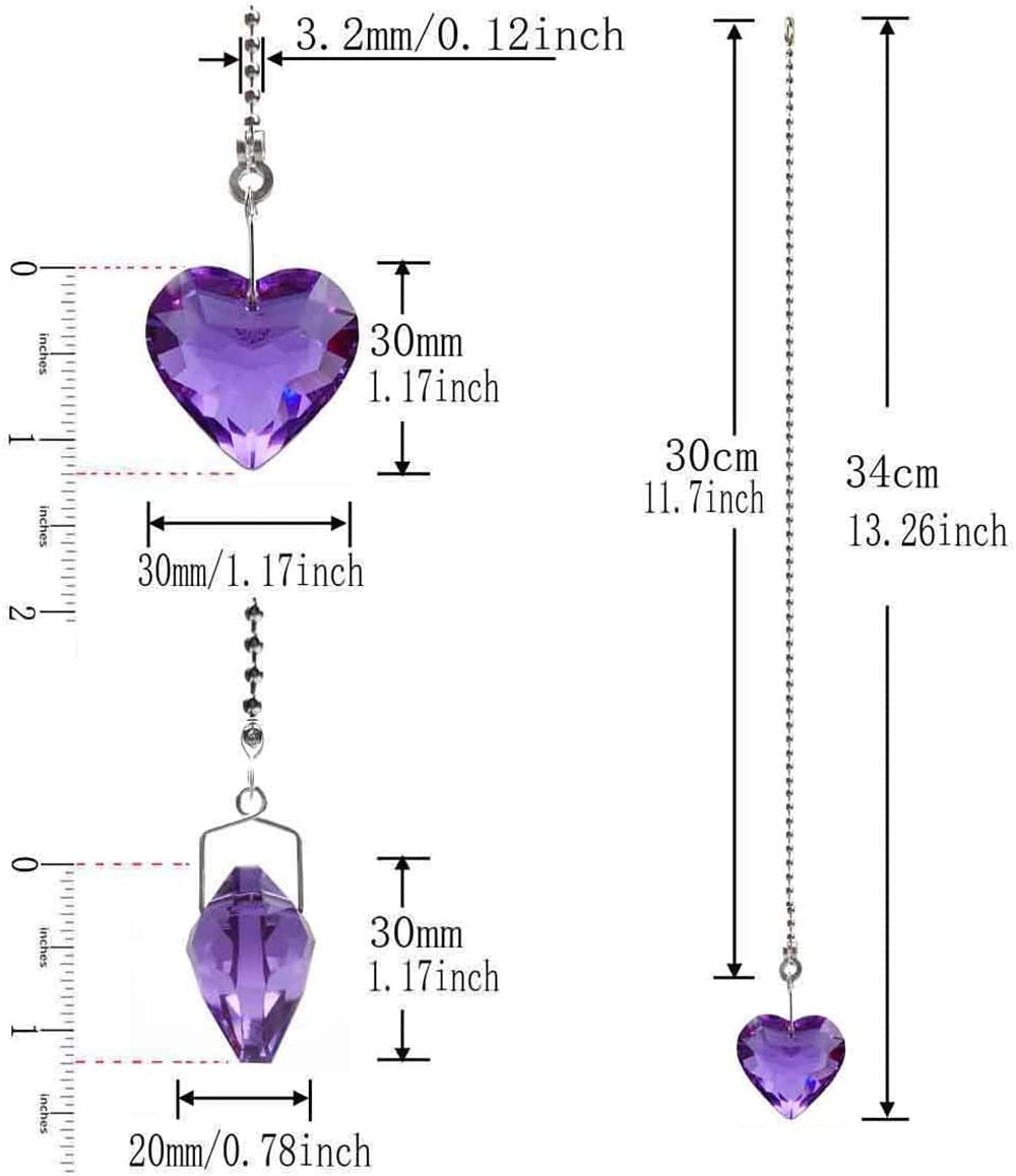 OMYZERO 2Pcs 12inch Crystal Heart Prisms Pendant Ceiling Fan Pull Chain Extender with Ball Chain Connector (Purple)