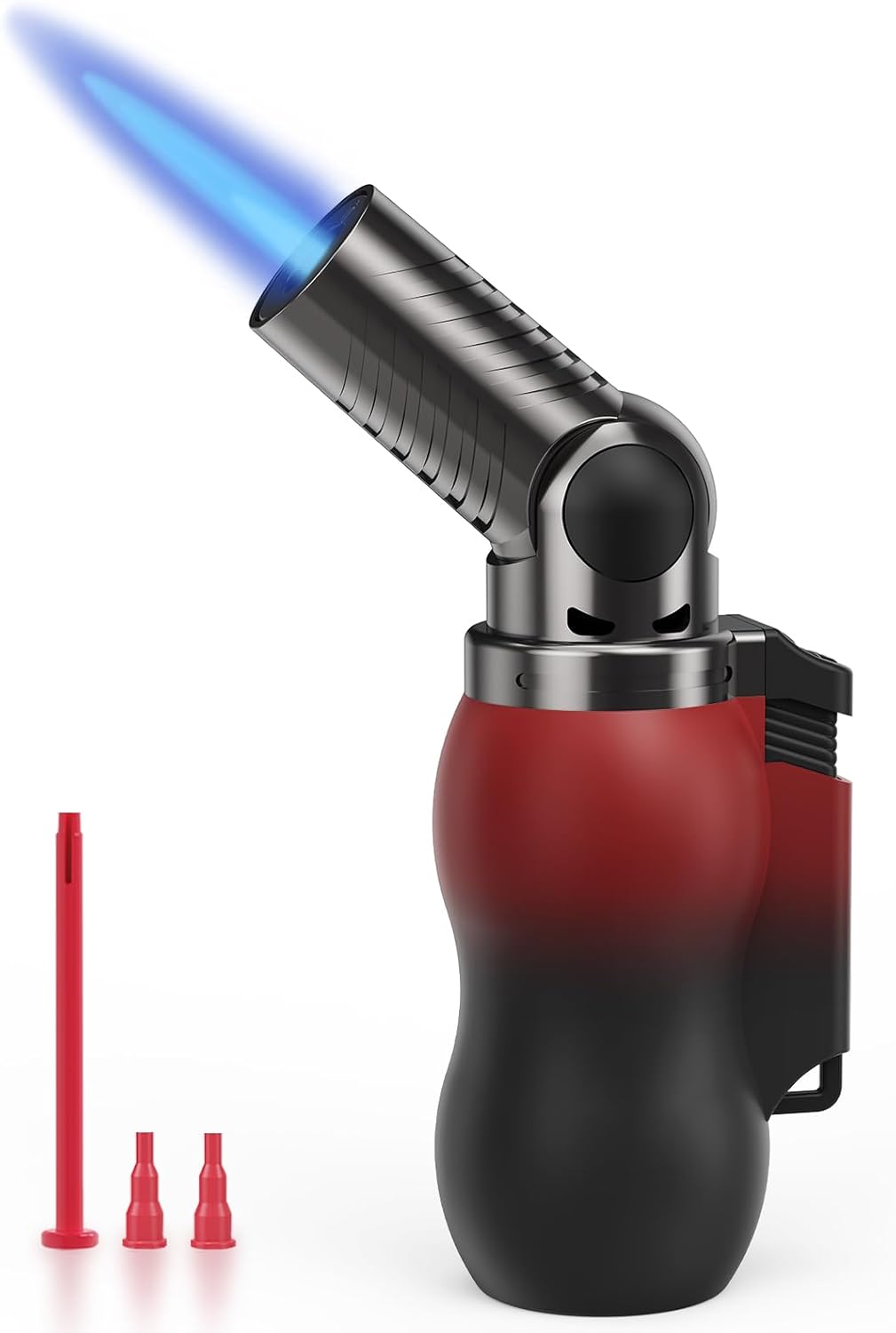 TBTeek Torch Lighter - Portable Kitchen Torch with 45° Rotatable Head & Adjustable Flame | Refillable Butane for Cooking, BBQ, Fireplaces - Red-Black