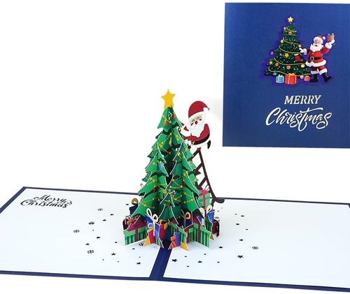 3D Christmas Tree Pop-Up Card | Merry Christmas Design with Santa Claus | Includes Envelope & Message Note