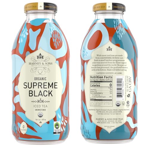 Harney & Sons Organic Supreme Black Unsweetened Iced Tea, 16 oz Glass Bottles (Pack of 12)