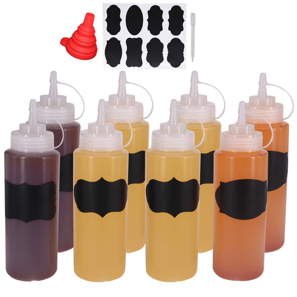 Belinlen 8 Pack 16-Ounce Plastic Squeeze Bottles for Food, Crafts, Art, Multi Purpose Set of 8 with extra 8 Chalk Labels and 1 Pen