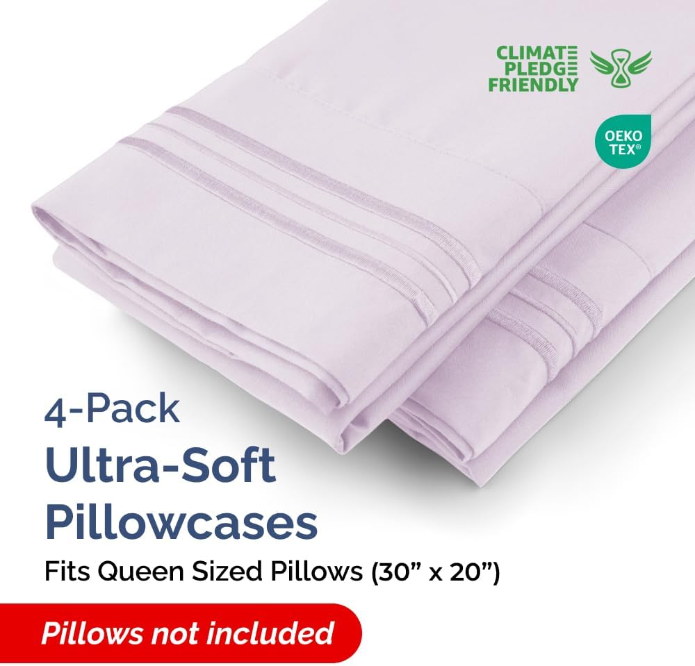 Skiennix Queen Pillow Cases Set of 4 | Ultra Soft Hotel Quality, Wrinkle-Free & Fade Resistant - Light Lavender