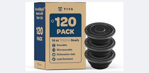 TIYA Food Bowls - 36 oz Bulk 120 Pack with Lids - Black Plastic To-Go Containers - Reusable, Microwavable, Dishwasher Safe - Leak-Resistant for Soups & Meal Prep - BPA-Free