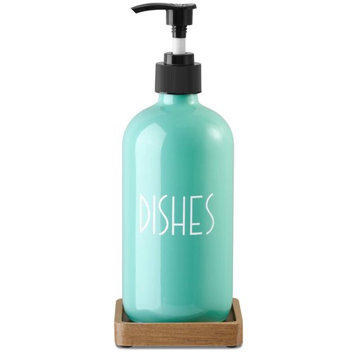 Turquoise Glass Dish Soap Dispenser with Acacia Wood Tray, 16 oz Refillable Kitchen Soap Pump Bottle, Decorative Teal Countertop Soap Dispenser Set for Kitchen, Bathroom, Restaurant