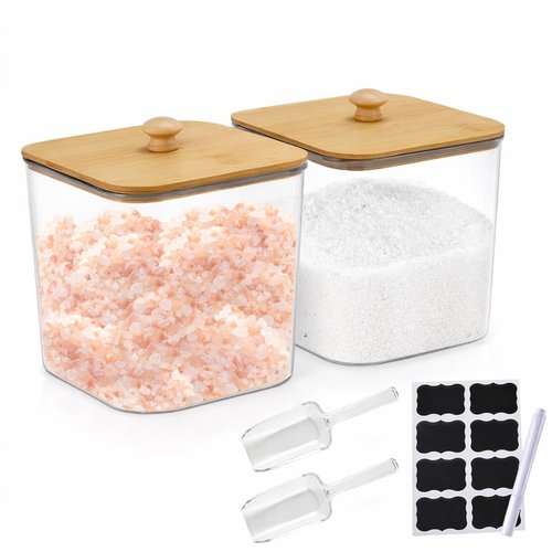 Yomjarl Bath Salt Container,2 Pack Clear Plastic Storage Bathroom Canisters with Wooden Lids & Handle,Airtight Bath Salt Dispenser Jars for Bathroom Organization Accessories,Bathtub Decor Box