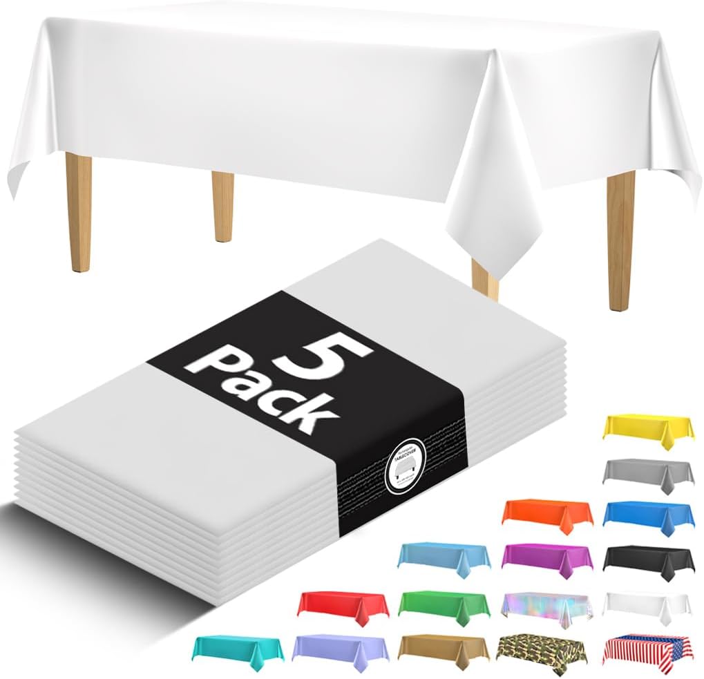 Premium White Plastic Tablecloths by [Brand Name] - 5 Pack Disposable Rectangle Covers | 108 x 54 in. for Parties & Weddings