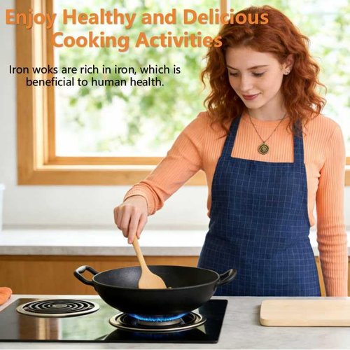 Keleday Flat Bottom Cast Iron Wok with Lid 14 Inch,Pre-Seasoned Best Non Toxic Wok,Chinese Japanese Wok double handle for Induction and Open Fire